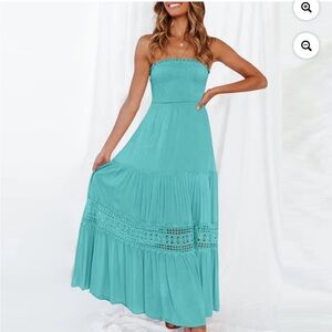 Aqua blue strapless smocked ruffle tiered maxi dress